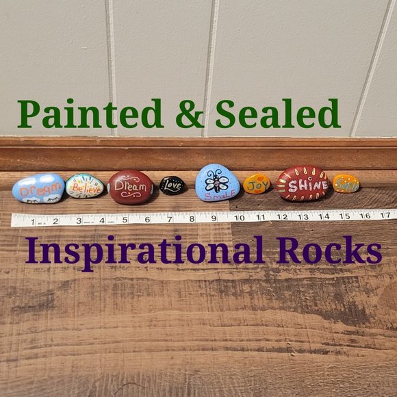 60's & 70's style Inspirational colorful hand painted & sealed rocks. (Set of 8) - Picture 1 of 4